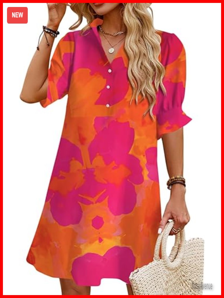 Womens Short Sleeve Ruffle Button Down Shift Mini Dress With Pockets